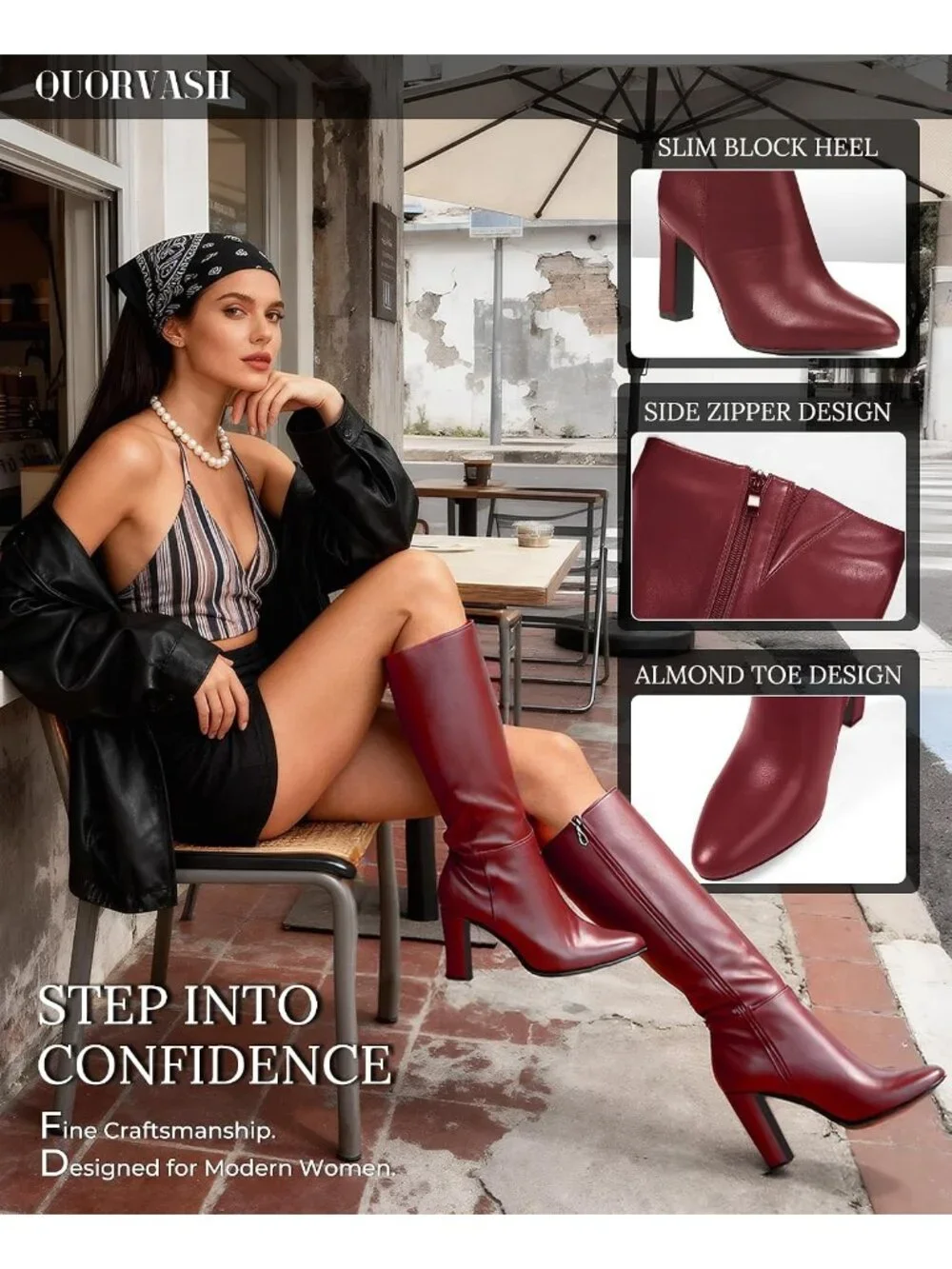 Women's Red Long Elastic Faux Leather Mid Block Heel Pointed Toe Knee High Boots